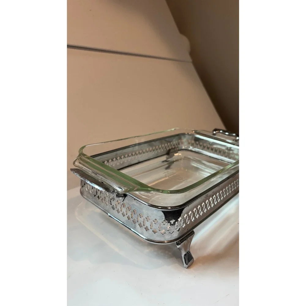 Vintage Anchor Hocking Fire-King Glass Casserole Dish with Footed Metal Cradle
